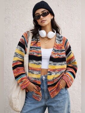 Chunky Multicolor Knit Cardigan | Boho Y2K Festival Sweater Granny Festival M/L